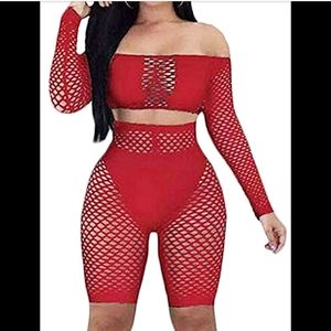 Red Two Piece Hollow Short Set Swim Coverup